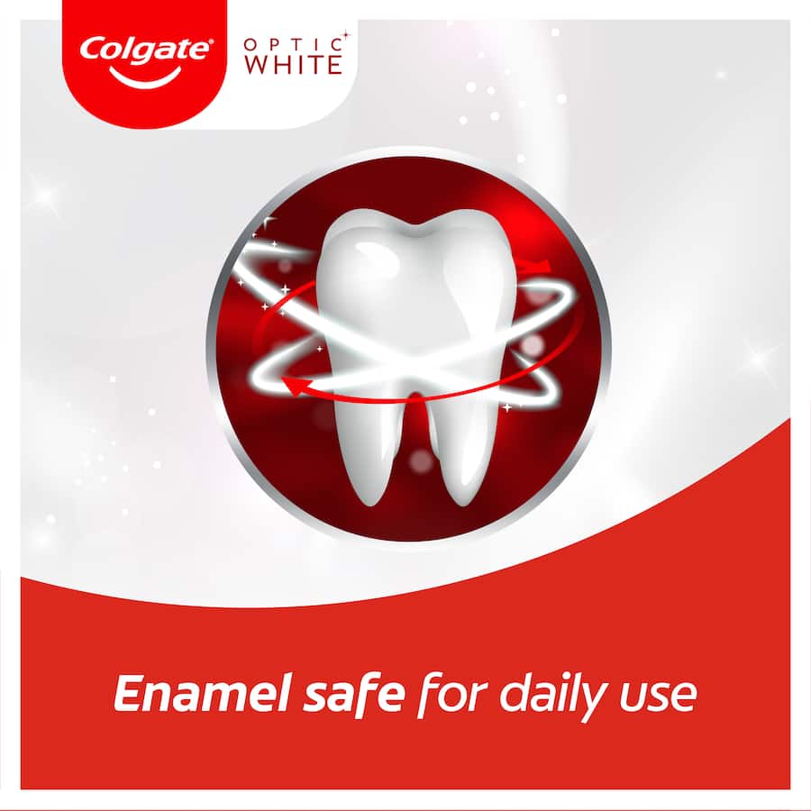 Colgate Optic White Whitening Toothpaste Renewal removes yellow stains, delivering a brighter smile with 3% hydrogen peroxide.