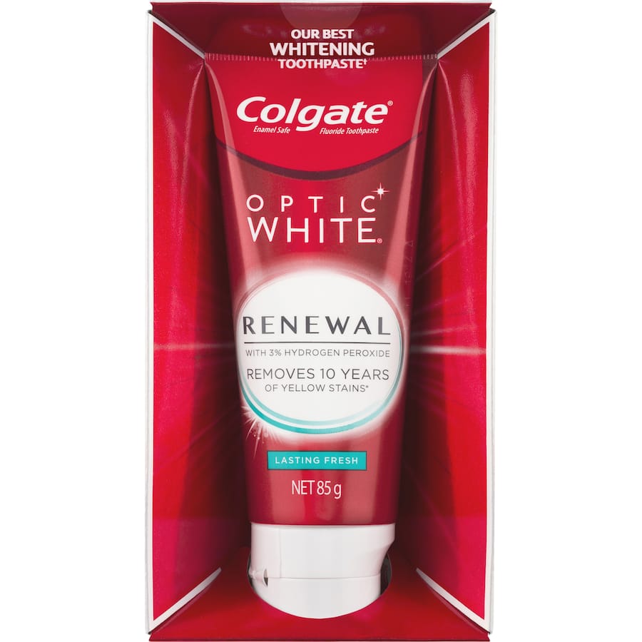 Colgate Optic White Renewal toothpaste for deep whitening and lasting freshness, featuring 3% hydrogen peroxide for effective stain removal.