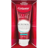 Colgate Optic White Renewal toothpaste for deep whitening and lasting freshness, featuring 3% hydrogen peroxide for effective stain removal.