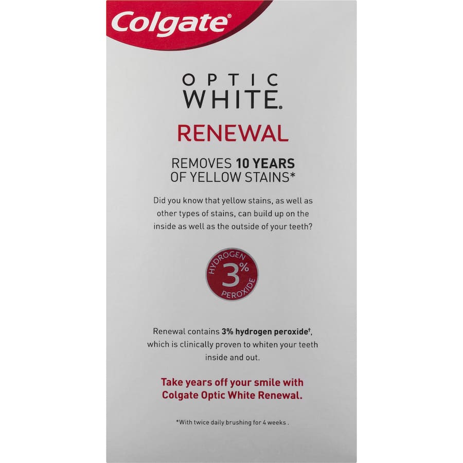 Colgate Optic White Renewal Toothpaste: Whitening formula with 3% hydrogen peroxide for a brighter, stain-free smile.
