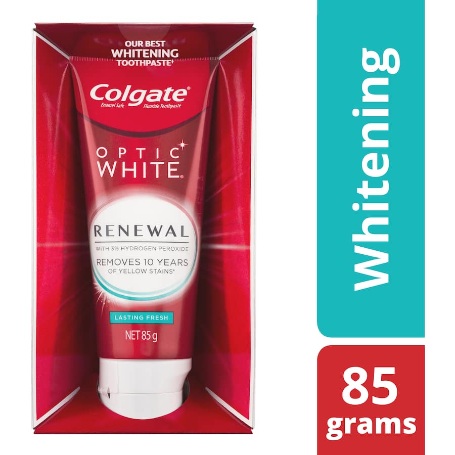 Colgate Optic White Renewal Toothpaste for effective teeth whitening, removes 10 years of stains with 3% hydrogen peroxide.