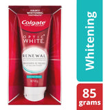 Colgate Optic White Renewal Toothpaste for effective teeth whitening, removes 10 years of stains with 3% hydrogen peroxide.