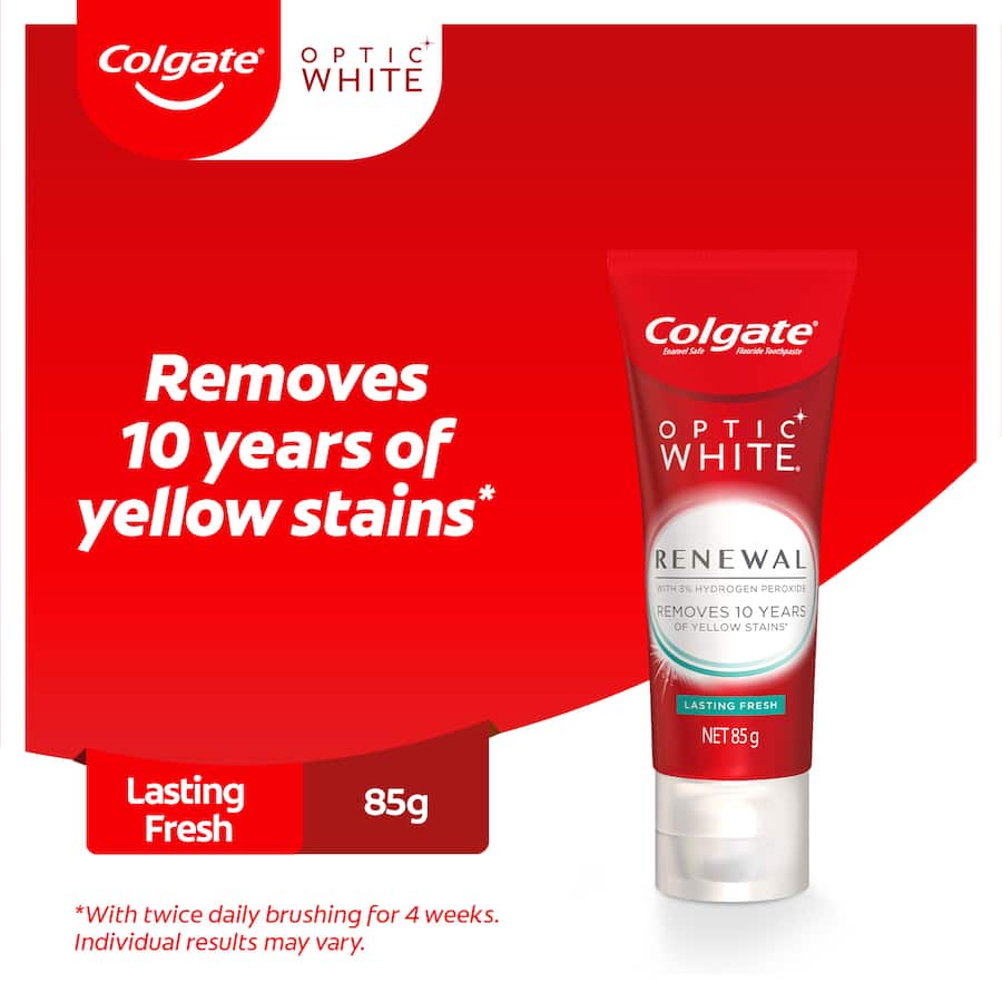 Colgate Optic White Whitening Toothpaste Renewal helps remove stubborn yellow stains for a brighter, fresher smile.