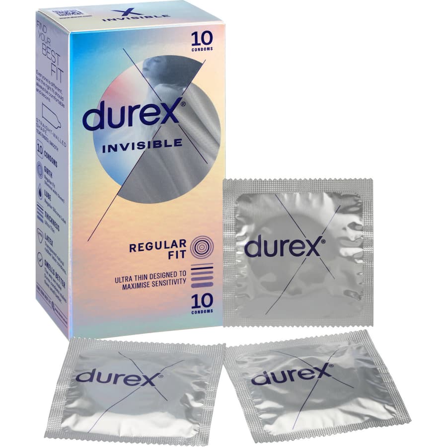 Durex Invisible Condoms, ultra-thin, smooth latex, designed for heightened sensitivity and premium safety, snug 54mm fit.