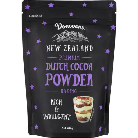 Rich, dark Donovans Cocoa Powder, perfect for baking, hot chocolate, and gourmet desserts; gluten-free and vegan-friendly.