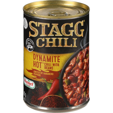 Hearty Stagg Chili with tender pork and dynamite chili beans, perfect for quick and convenient meals.