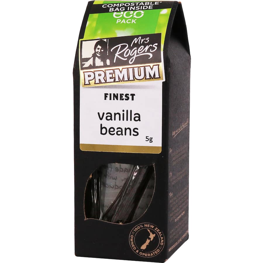 Mrs Rogers Eco Pack Premium Vanilla Beans, Grade A, aromatic, sustainable, perfect for enhancing desserts and beverages.