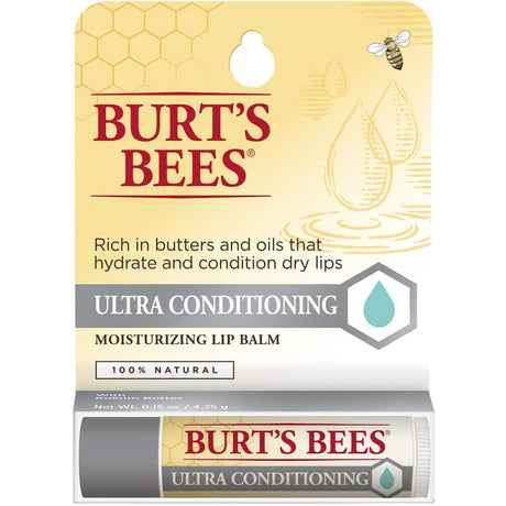 Burt's Bees Lip Balm Ultra Conditioner, a natural balm providing intense hydration, silky texture, and protection for healthy lips.