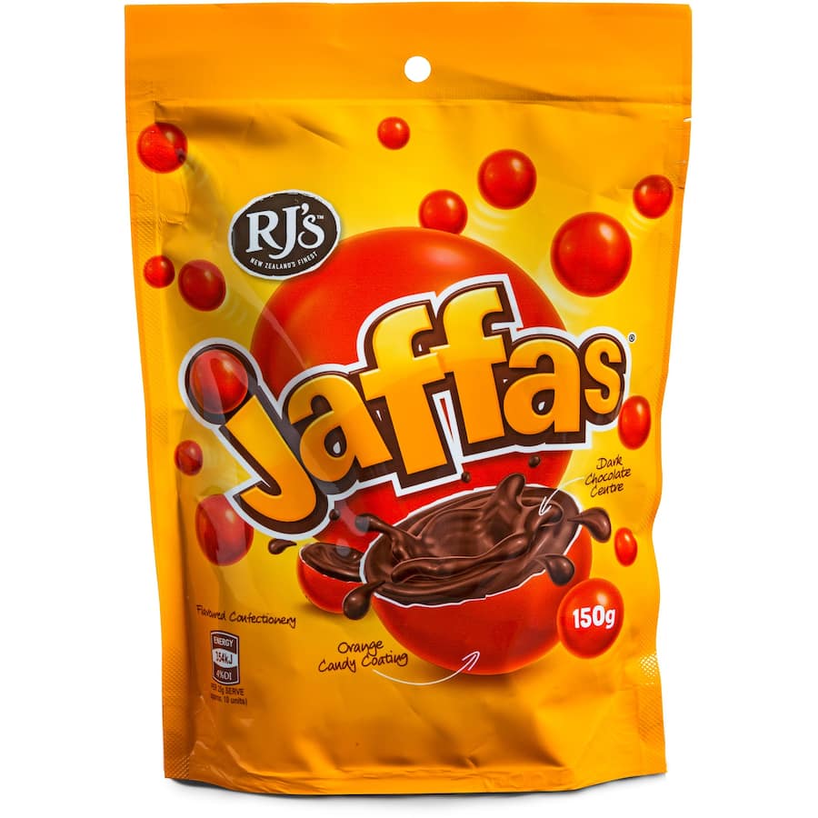 Delicious RJ's Jaffas: chocolate coated in a zesty orange shell, perfect for sharing and satisfying sweet cravings.