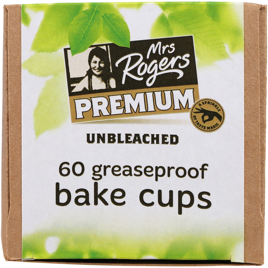 Mrs Rogers Premium Baking Cups in unbleached paper, greaseproof design for clean, eco-friendly baking without chemicals.