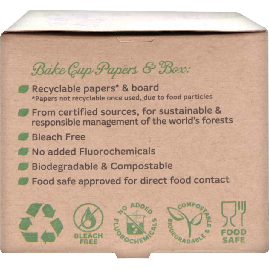 Mrs Rogers Premium Baking Cups in unbleached paper, greaseproof and eco-friendly, perfect for mess-free baking.