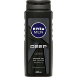 Nivea Men Shower Gel Deep: a versatile gel for body, face, and hair with deep cleansing clay and a refreshing dark wood scent.