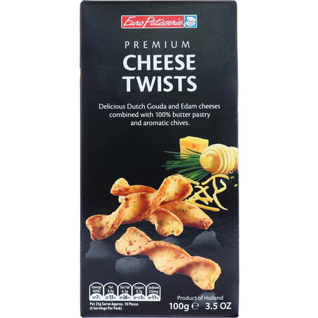 Gourmet Euro Patisserie Cheese Twists, aged cheese delicacy, perfect for snacking, parties, and wine pairings.