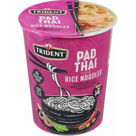 Trident Rice Noodles Pad Thai Cup: a gluten-free, quick meal with authentic Thai flavors, ready in minutes with hot water.