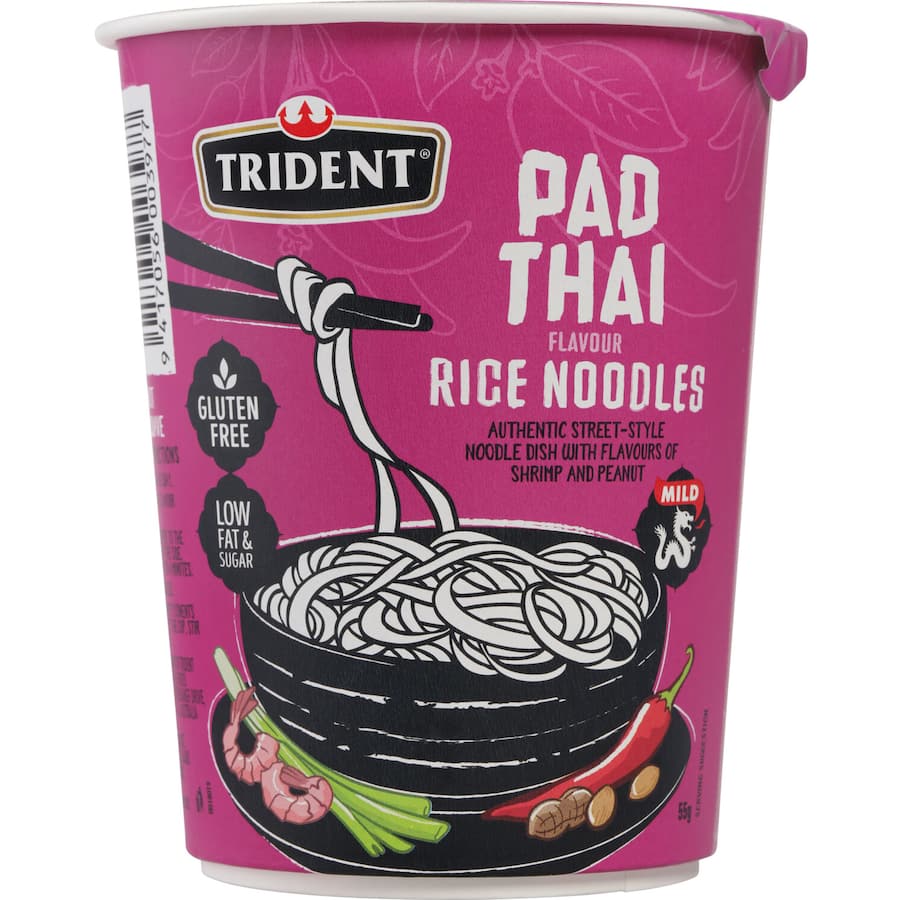 Trident Rice Noodles Pad Thai Cup, a gluten-free meal with authentic Thai flavors, ready in minutes with hot water.