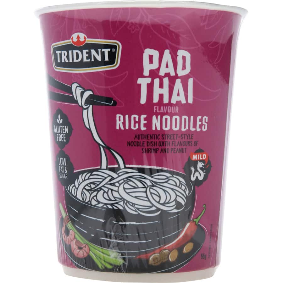 Trident Rice Noodles Pad Thai Cup features gluten-free noodles with authentic Thai flavors for a quick, delicious meal.