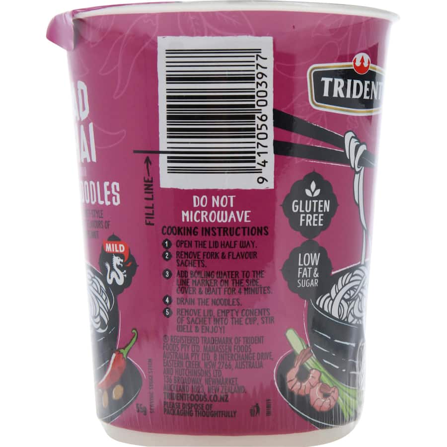 Trident Rice Noodles Pad Thai Cup, a gluten-free, quick meal with authentic Thai flavors, perfect for busy lifestyles.