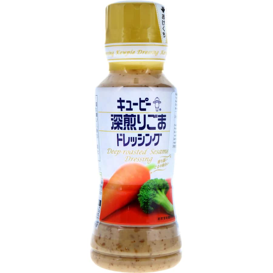 Kewpie Asian Sesame Dressing bottle featuring a silky texture, rich sesame flavor, ideal for salads and marinades.