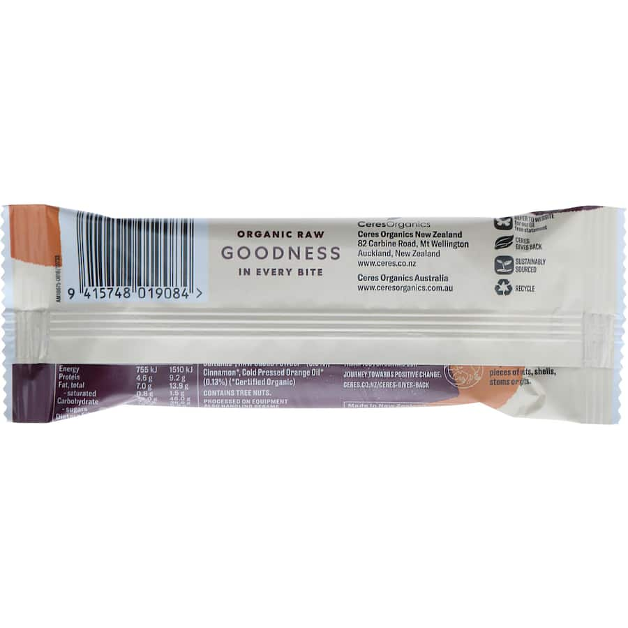 Ceres Organics Raw Snack Bar in Cacao Fig & Orange, featuring wholesome ingredients with no added sugars or preservatives.