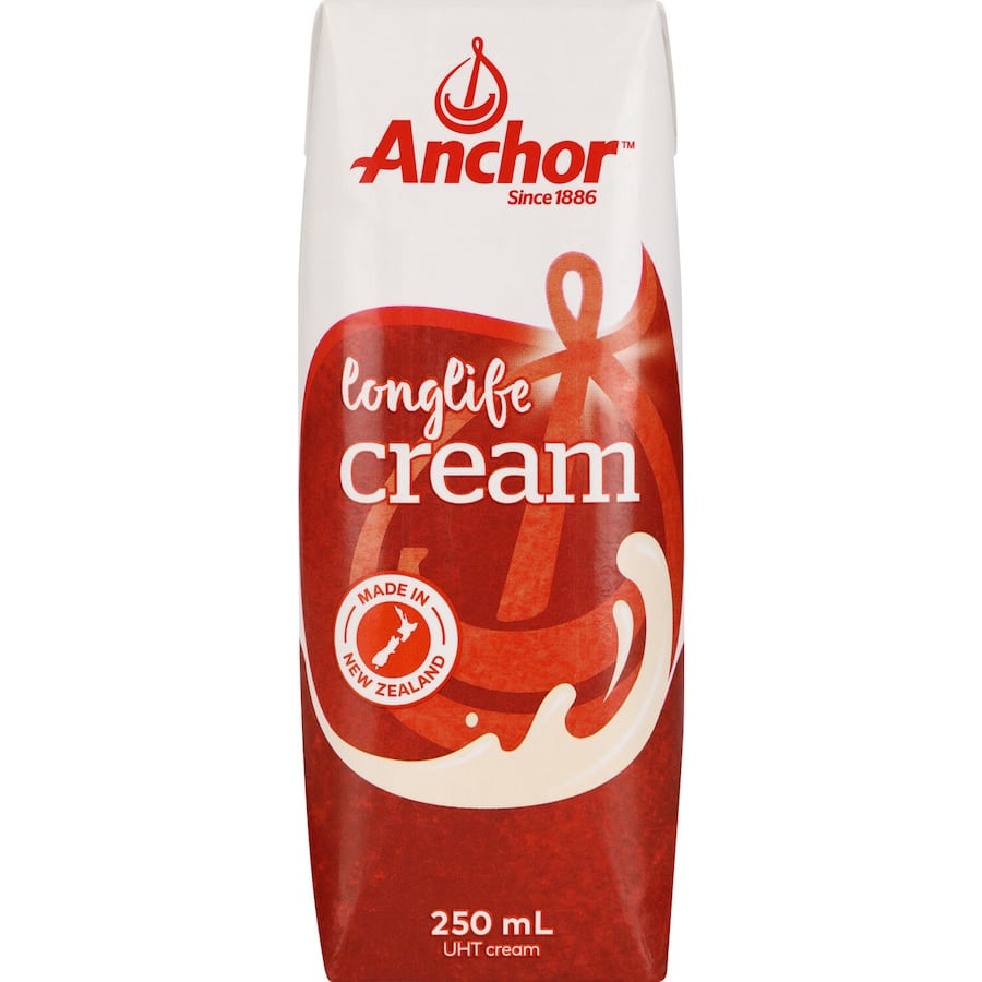 Anchor Cream Long Life UHT Cream carton, made in New Zealand, perfect for enriching both savory and sweet dishes.