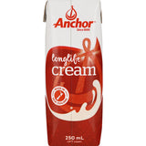 Anchor Long Life UHT Cream in a 250ml carton, perfect for enhancing savory and sweet dishes with rich, fresh flavor.