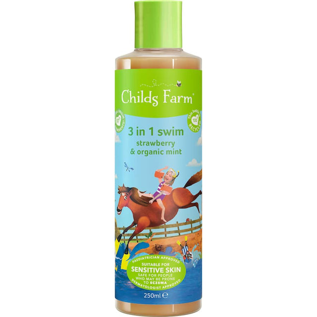 Childs Farm 3 in 1 Wash Swim in Strawberry & Mint, perfect for post-swim care for sensitive skin and newborns.