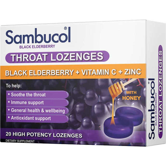 Sambucol Throat Lozenges featuring black elderberry and honey for soothing throat relief and immune support.