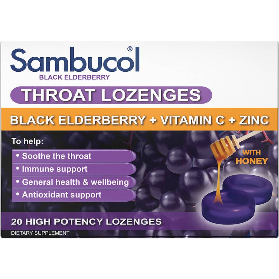 Sambucol Throat Lozenges with black elderberry and honey, providing soothing relief for dry throats and immune support.