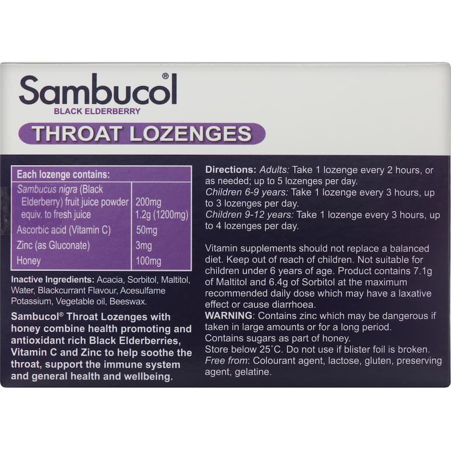 Sambucol Throat Lozenges with black elderberry and honey for soothing throat relief and immune support.