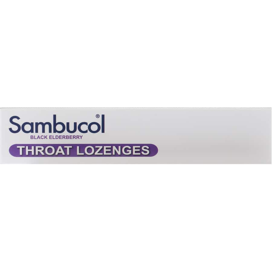 Sambucol Throat Lozenges with Black Elderberry and Honey, providing soothing relief for dry throats and immune support.