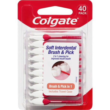 Colgate 2 in 1 Interdental Brush and Pick in travel case for on-the-go dental care, promoting gum health and plaque prevention.