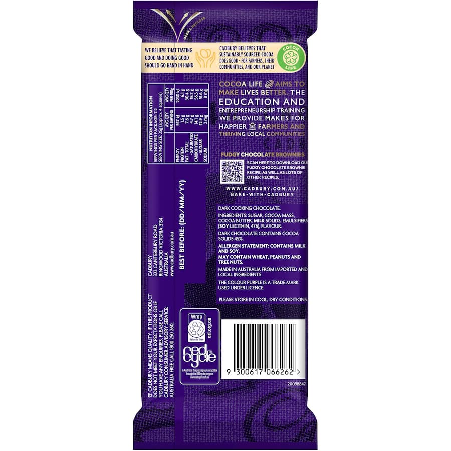 Cadbury Chocolate Baking Dark 45% is a premium, sustainably sourced dark chocolate ideal for rich baking and ganache.