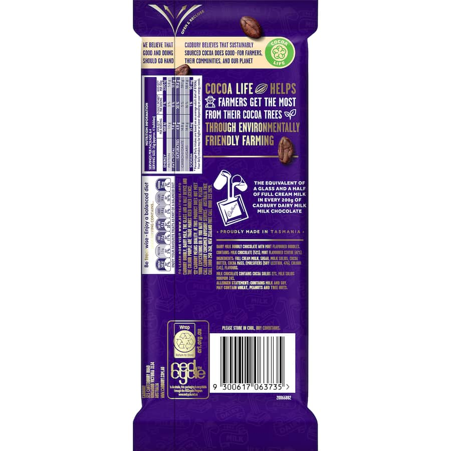 Cadbury Dairy Milk Bubbly Mint bar featuring smooth milk chocolate with refreshing mint bubbles.