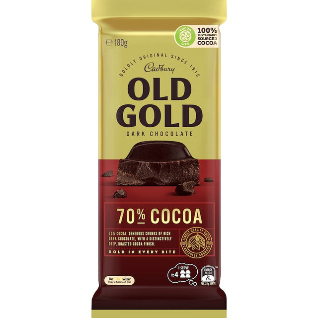 Cadbury Old Gold 70% dark chocolate bar, rich in flavor with deep cocoa notes and a touch of bitterness for a refined treat.