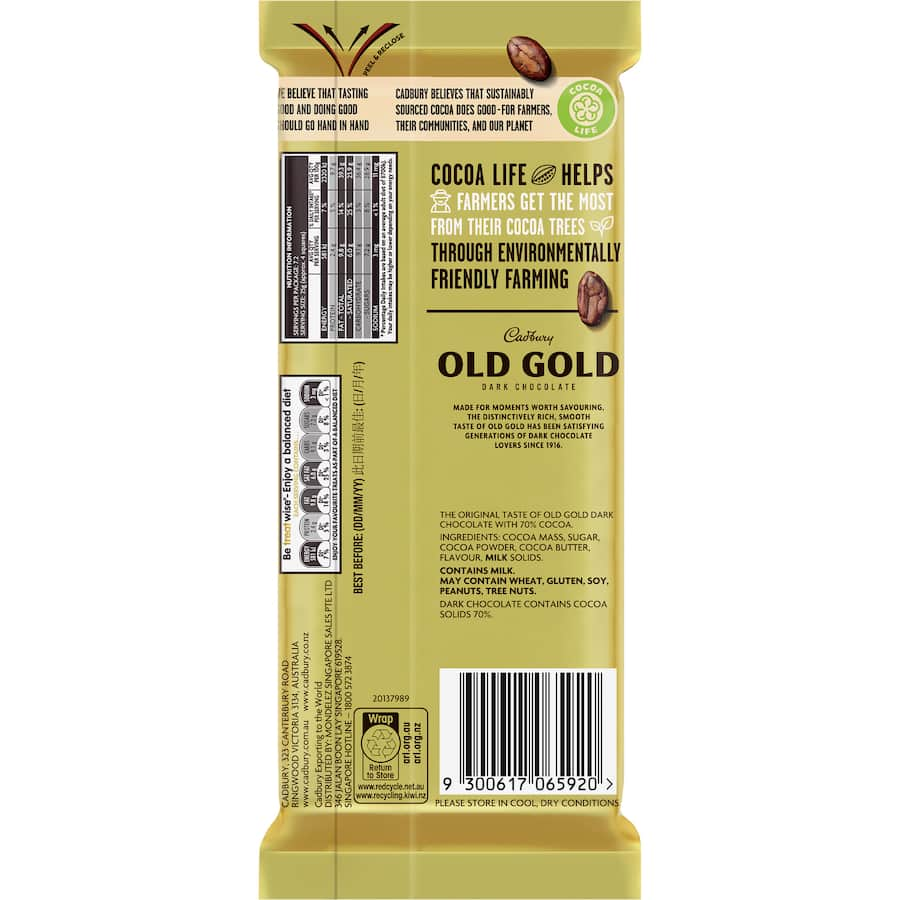 Cadbury Old Gold 70% dark chocolate bar, rich in cocoa and perfect for snacking or gifting, delivers a gourmet experience.