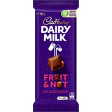 Cadbury Dairy Milk Fruit & Nut chocolate bar with sultanas and almonds, offering a rich and creamy snack experience.