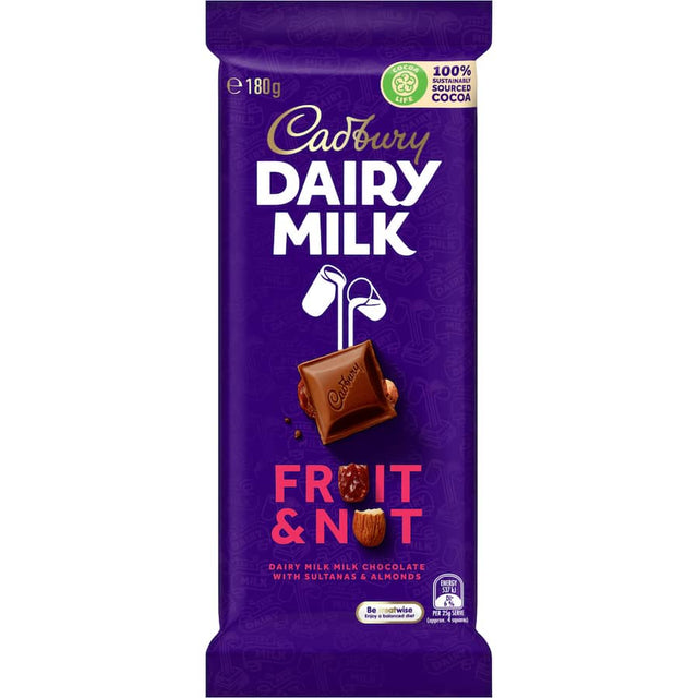 Cadbury Dairy Milk Fruit & Nut chocolate bar with sultanas and almonds, offering a rich and creamy snack experience.