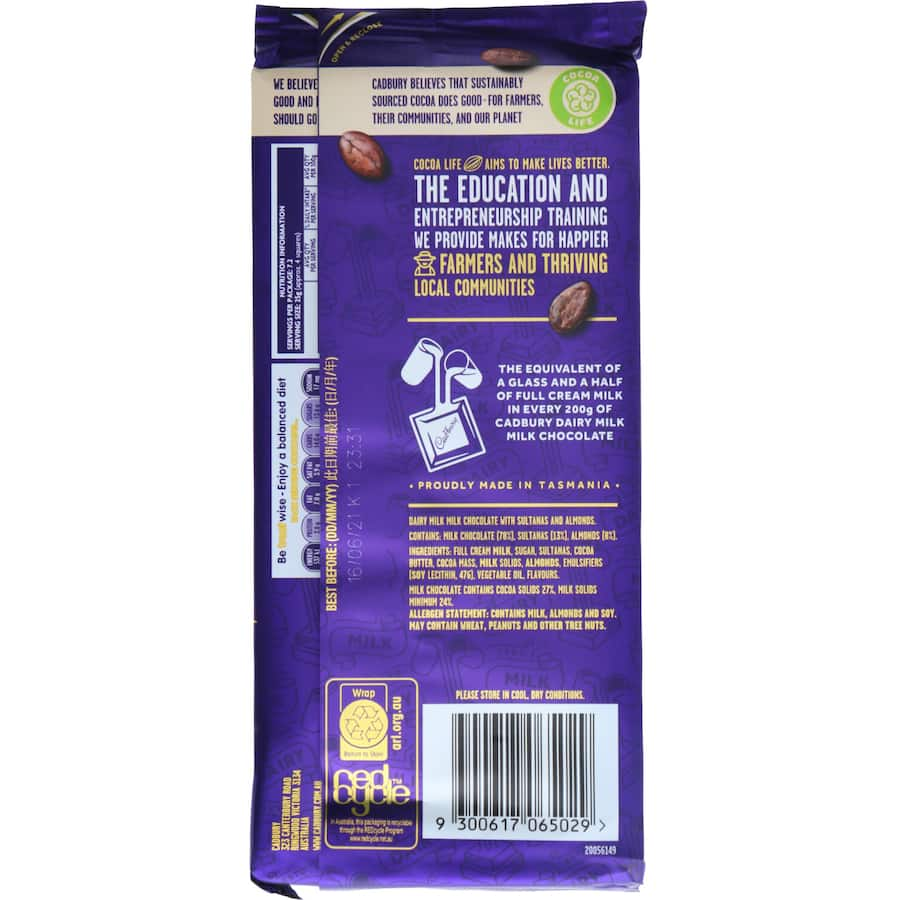 Cadbury Dairy Milk Fruit & Nut chocolate bar with sultanas and almonds, offering rich flavor and satisfying crunch.