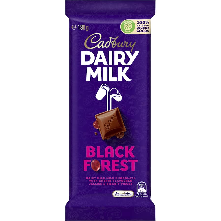 Cadbury Dairy Milk Black Forest chocolate bar featuring raspberry jellies and crunchy biscuit pieces for a delightful treat.