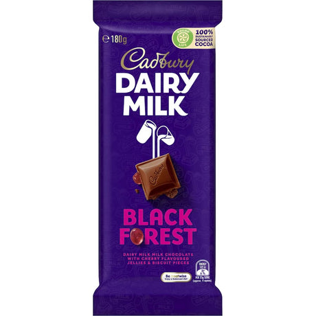 Cadbury Dairy Milk Black Forest chocolate bar featuring raspberry jellies and crunchy biscuit pieces for a delightful treat.