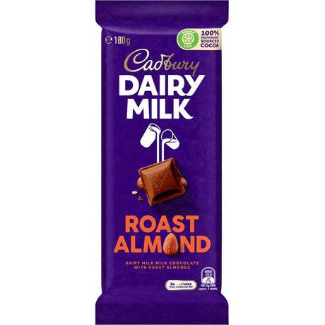 Cadbury Dairy Milk Roast Almond chocolate bar featuring creamy chocolate with crunchy roasted almonds.