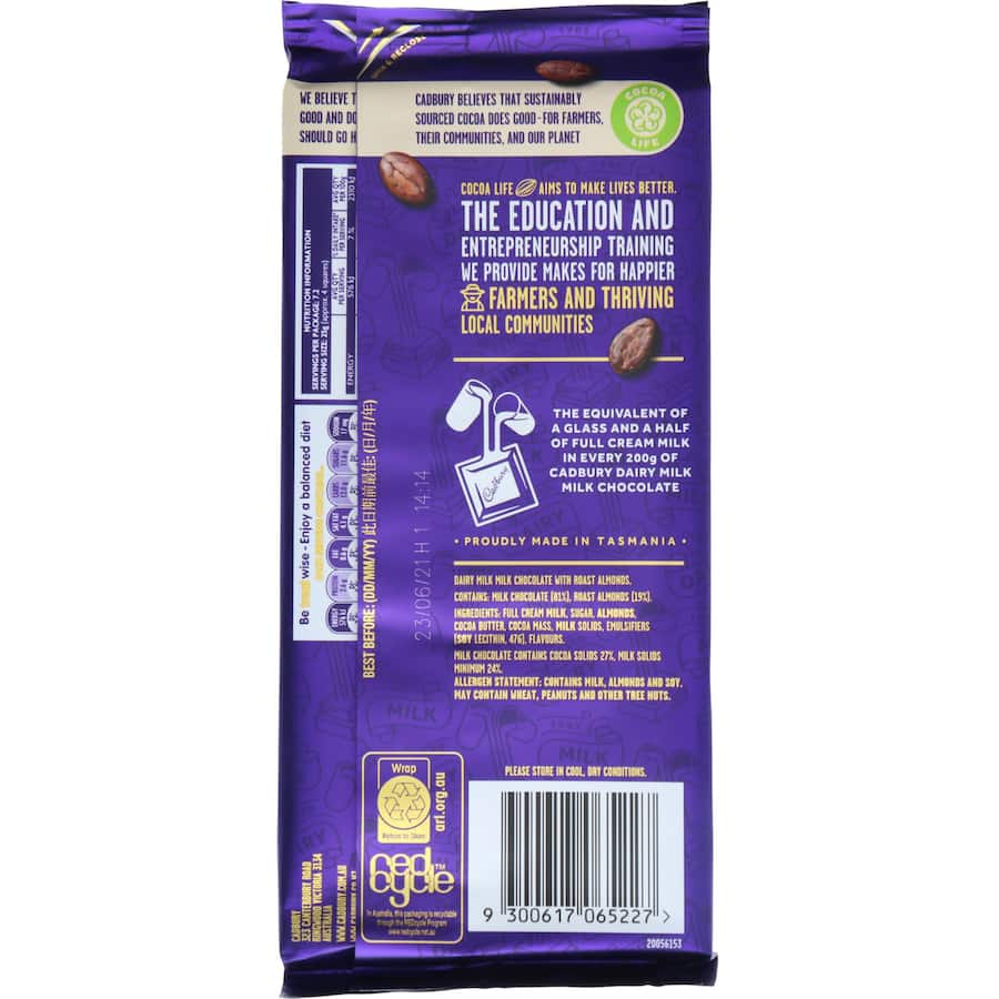 Cadbury Dairy Milk with roasted almonds, featuring smooth chocolate and crunchy almond pieces for a rich, indulgent treat.