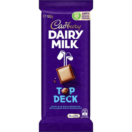 Cadbury Dairy Milk Top Deck chocolate bar featuring rich milk chocolate and creamy white chocolate layers.