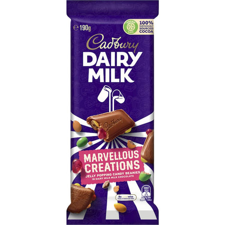 Cadbury Chocolate Dairy Milk Marvellous Creations with jelly, popping candy, and beanies in creamy chocolate.