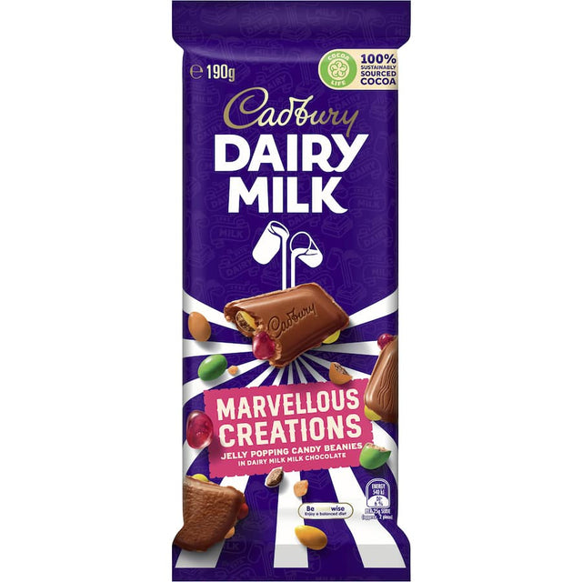 Cadbury Chocolate Dairy Milk Marvellous Creations with jelly, popping candy, and beanies in creamy chocolate.