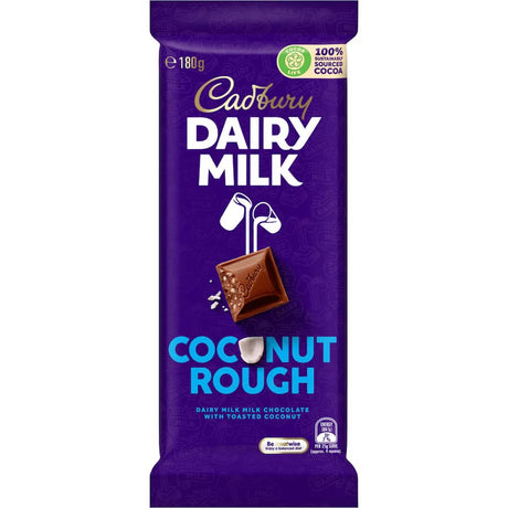 Cadbury Chocolate Dairy Milk Coconut Rough bar featuring rich chocolate and crunchy coconut pieces for a delightful treat.