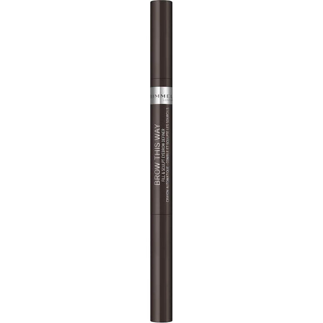 Rimmel Brow This Way kit for dark brown brows, featuring a dual-ended definer and a precise triangular tip.