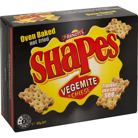 Crunchy Arnotts Shapes Crackers with iconic Vegemite and cheese flavor, perfect for snacking or sharing.