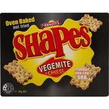 Crunchy Arnotts Shapes Crackers featuring the iconic flavors of Vegemite and cheese, perfect for snacking or sharing.