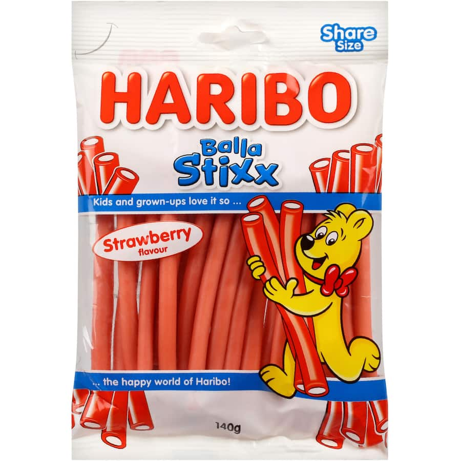 Haribo Balla Stixx Sweets in vibrant strawberry flavor, featuring fun stick shapes for a chewy, fruity treat.